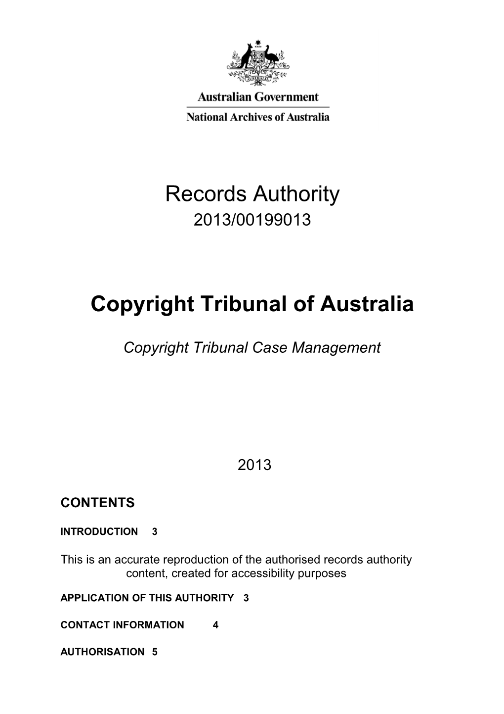 Copyright Tribunal of Australia - Records Authority 2013 00199013