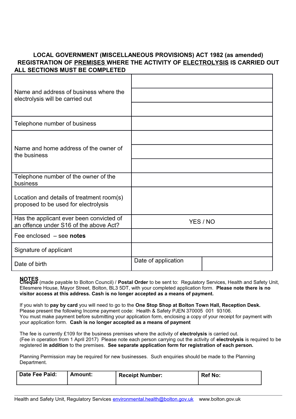 Electrolysis Premises Application