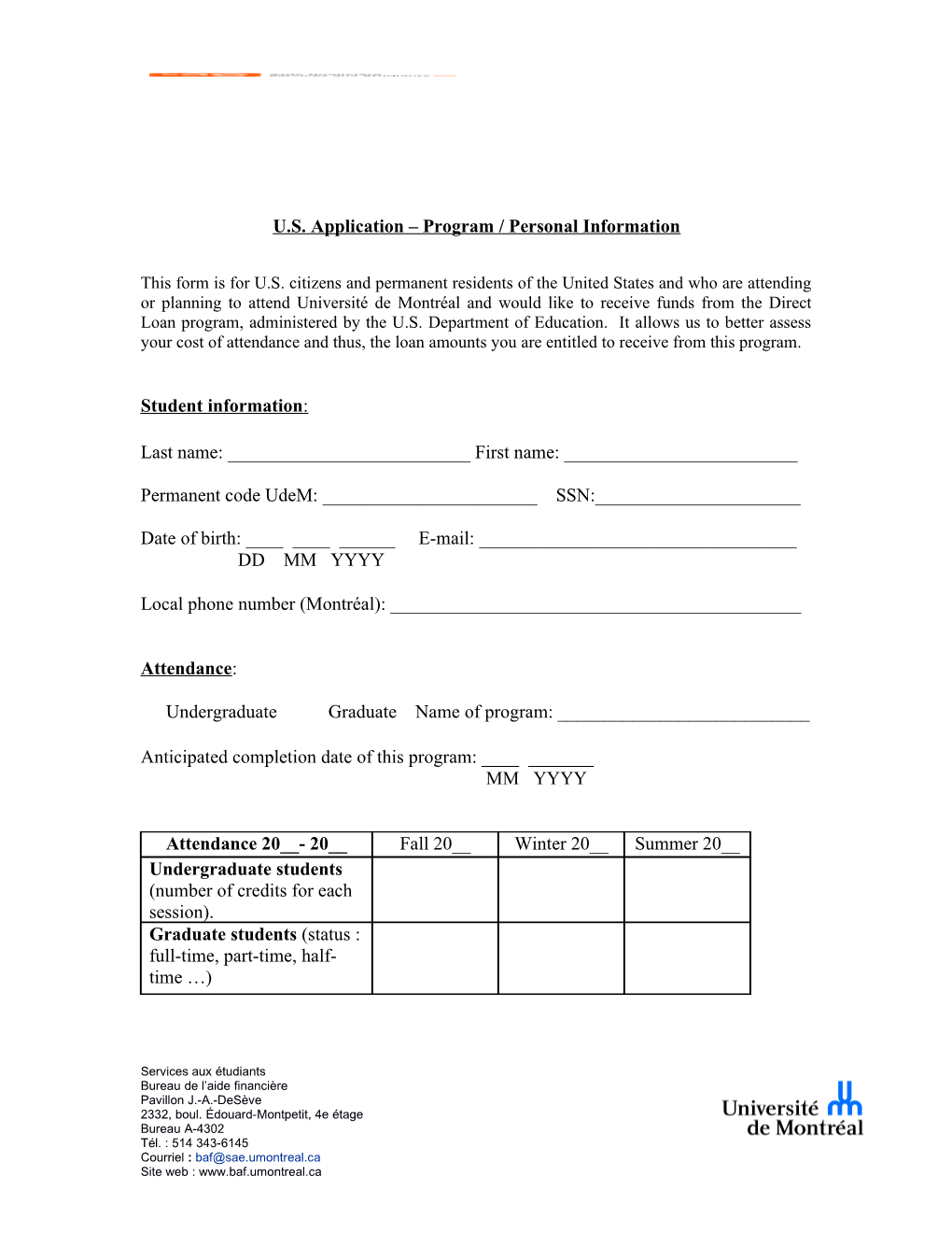 U.S. Application Program / Personal Information