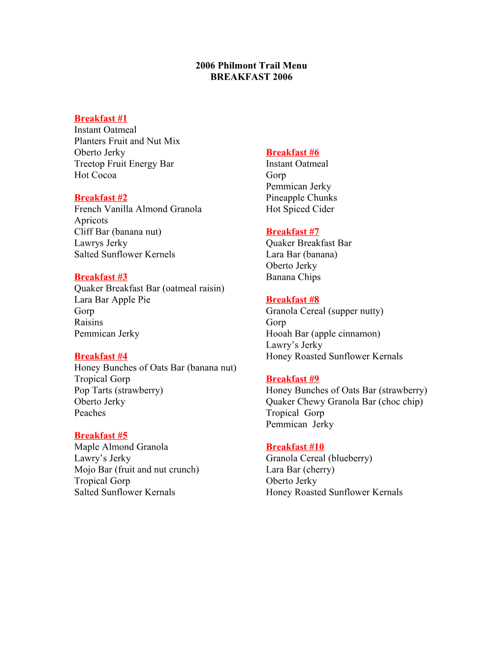 2006 Philmont Trail Menu