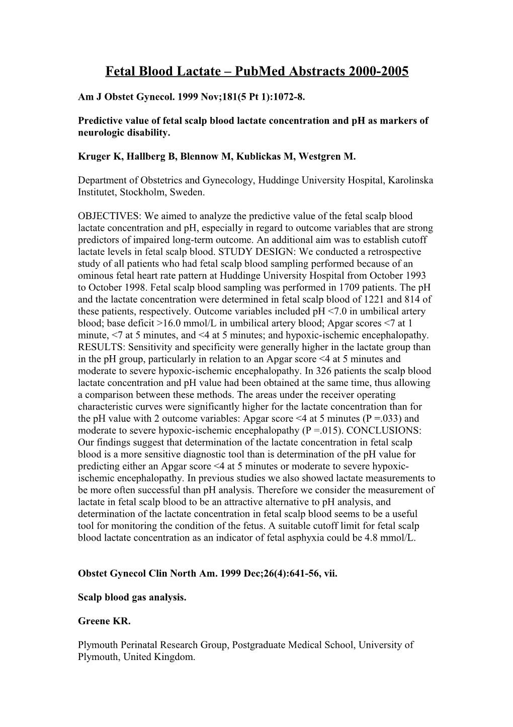 Fetal Blood Lactate Pubmed Abstracts 2000-2005