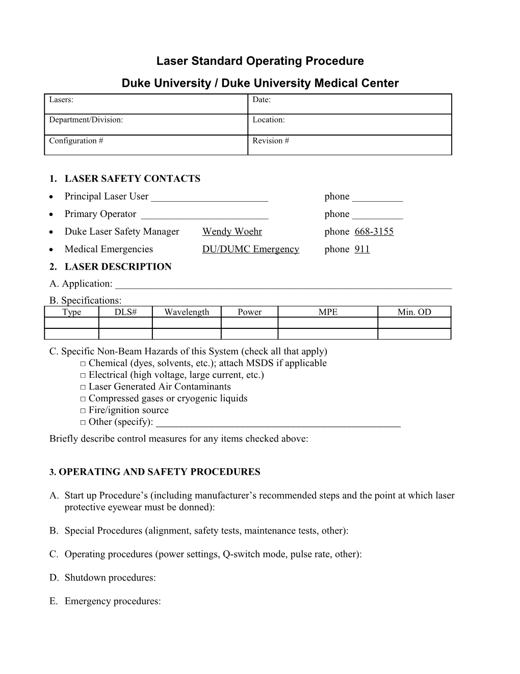 Laser Standard Operating Procedure