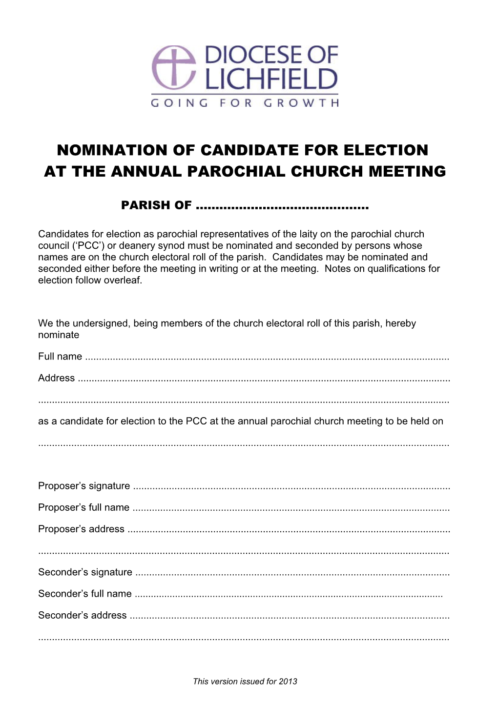 Nomination of Candidate for Election at the Annual Parochial Church Meeting