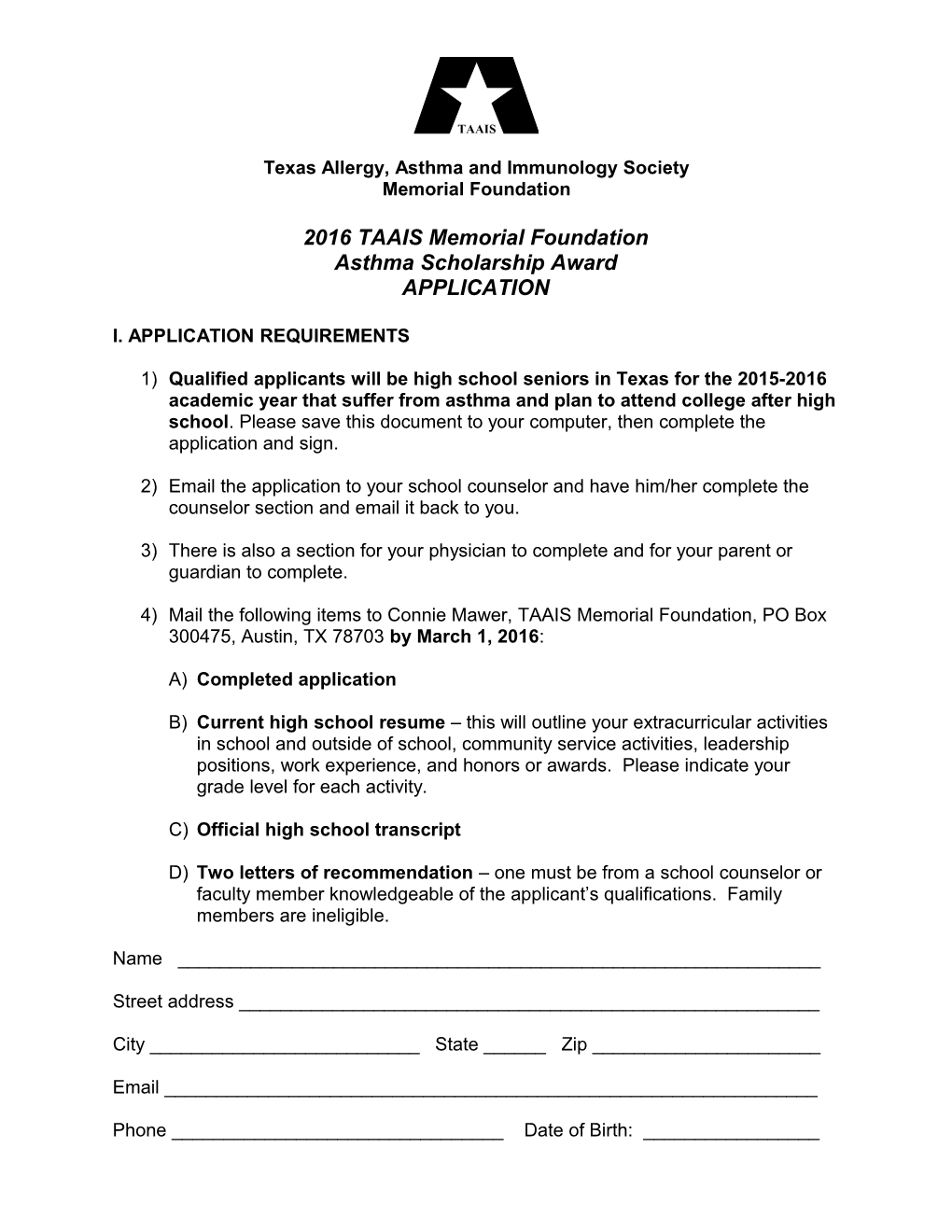 Scholarship Application - SAMPLE ONLY