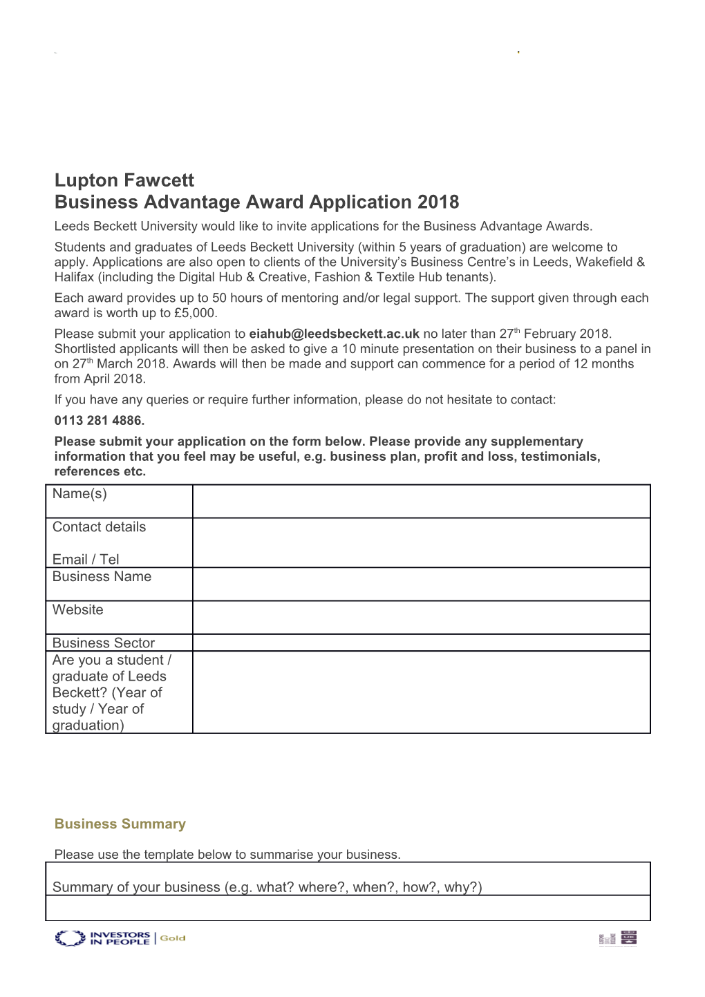 Business Advantage Award Application 2018