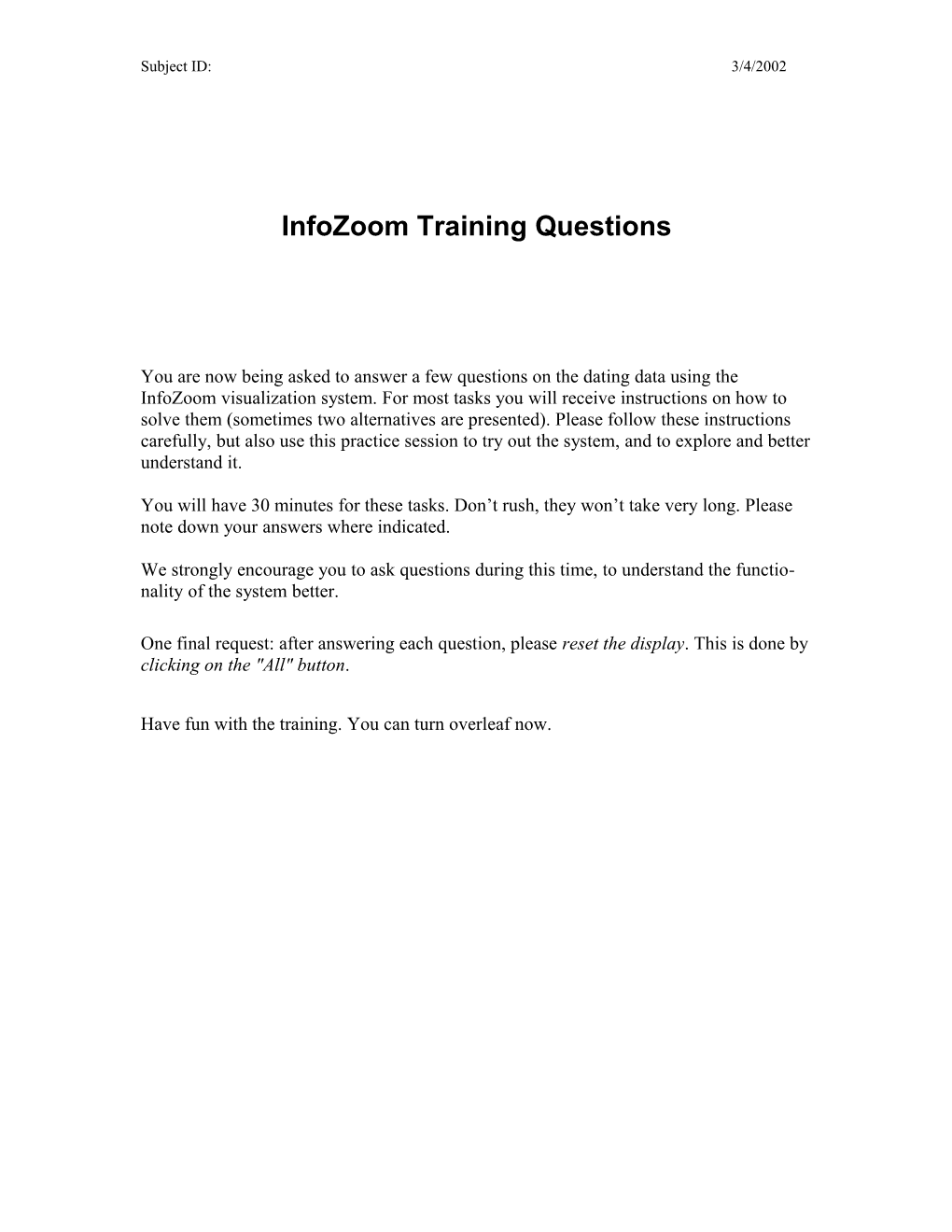 Infozoom Training Questions