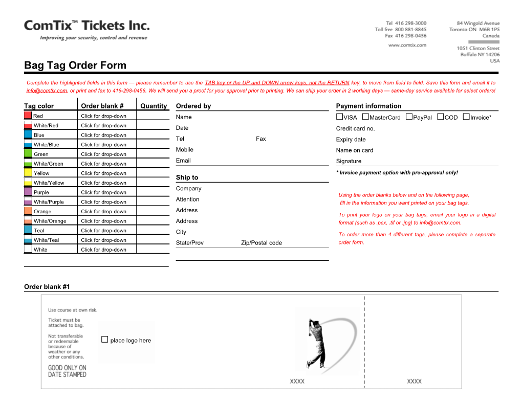 Luggage Tag Order Form