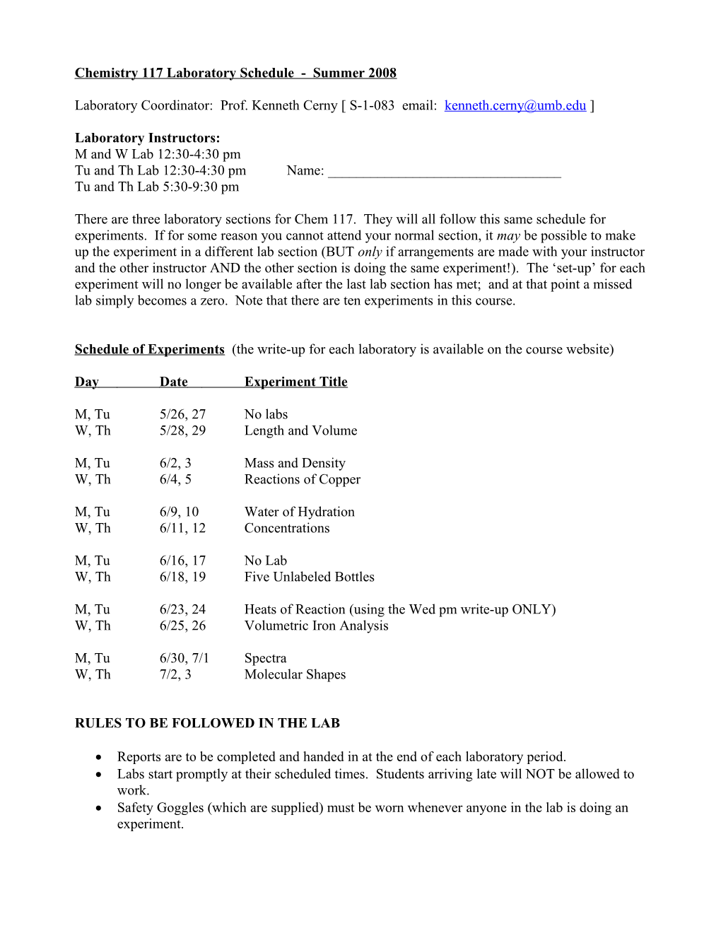 Chemistry 117 Laboratory Schedule - Summer 2008