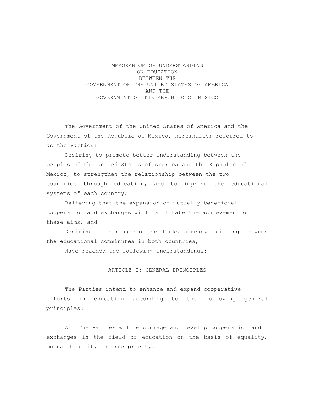 Memorandum of Understanding on Education Between the Government of the United States Of