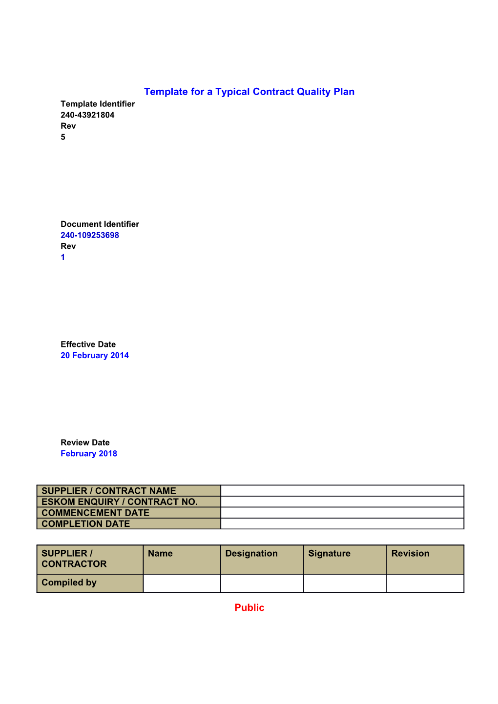 Contract Quality Plan Sample