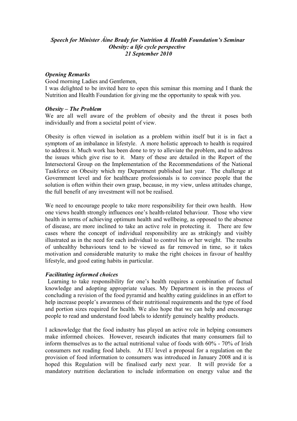 Briefing Notes for Lifestyle Disease Seminar, RCPI, 2Nd December 2008