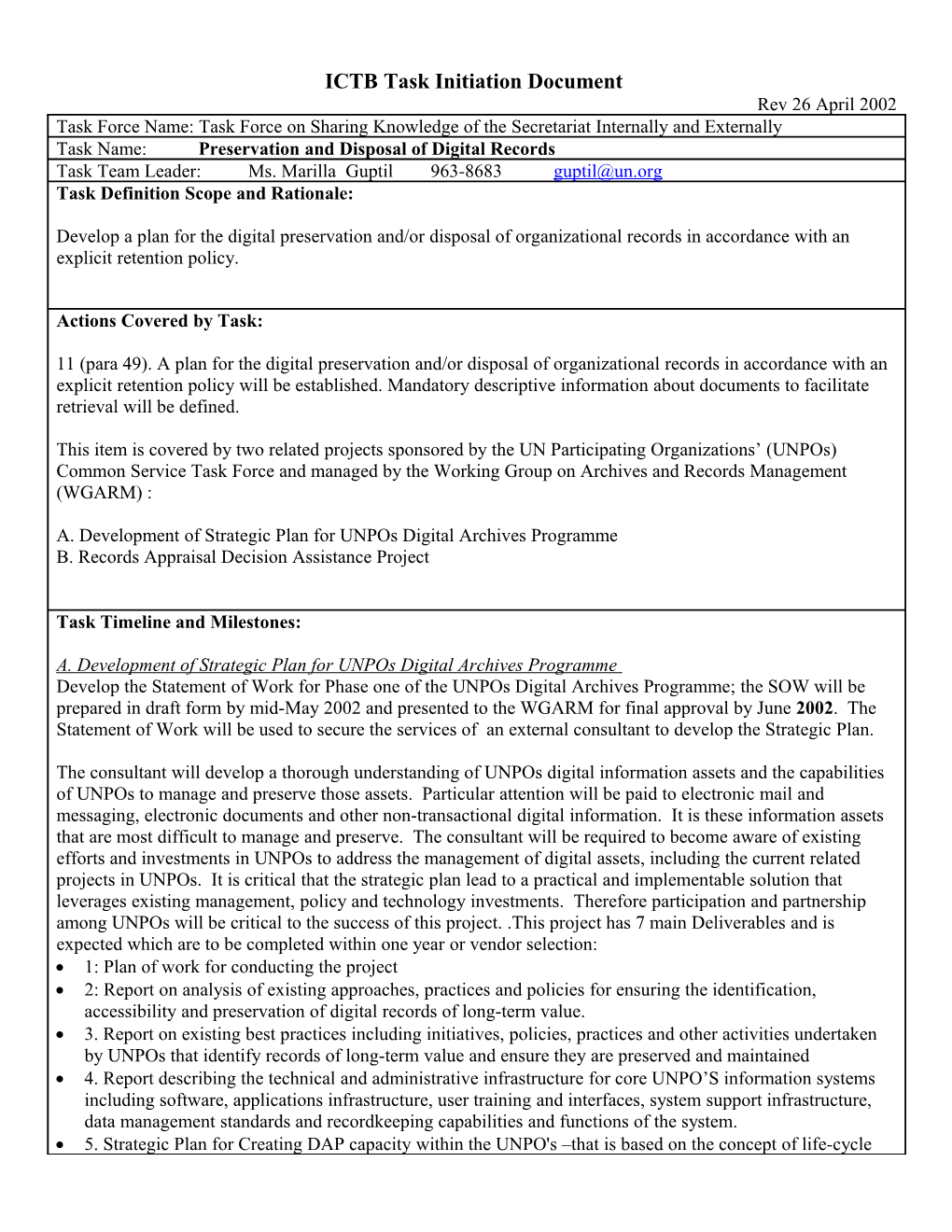 ICTB Task Initiation Document