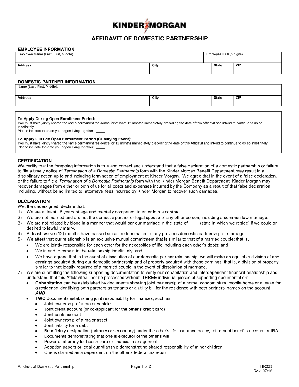 Affadavit of Domestic Partnership