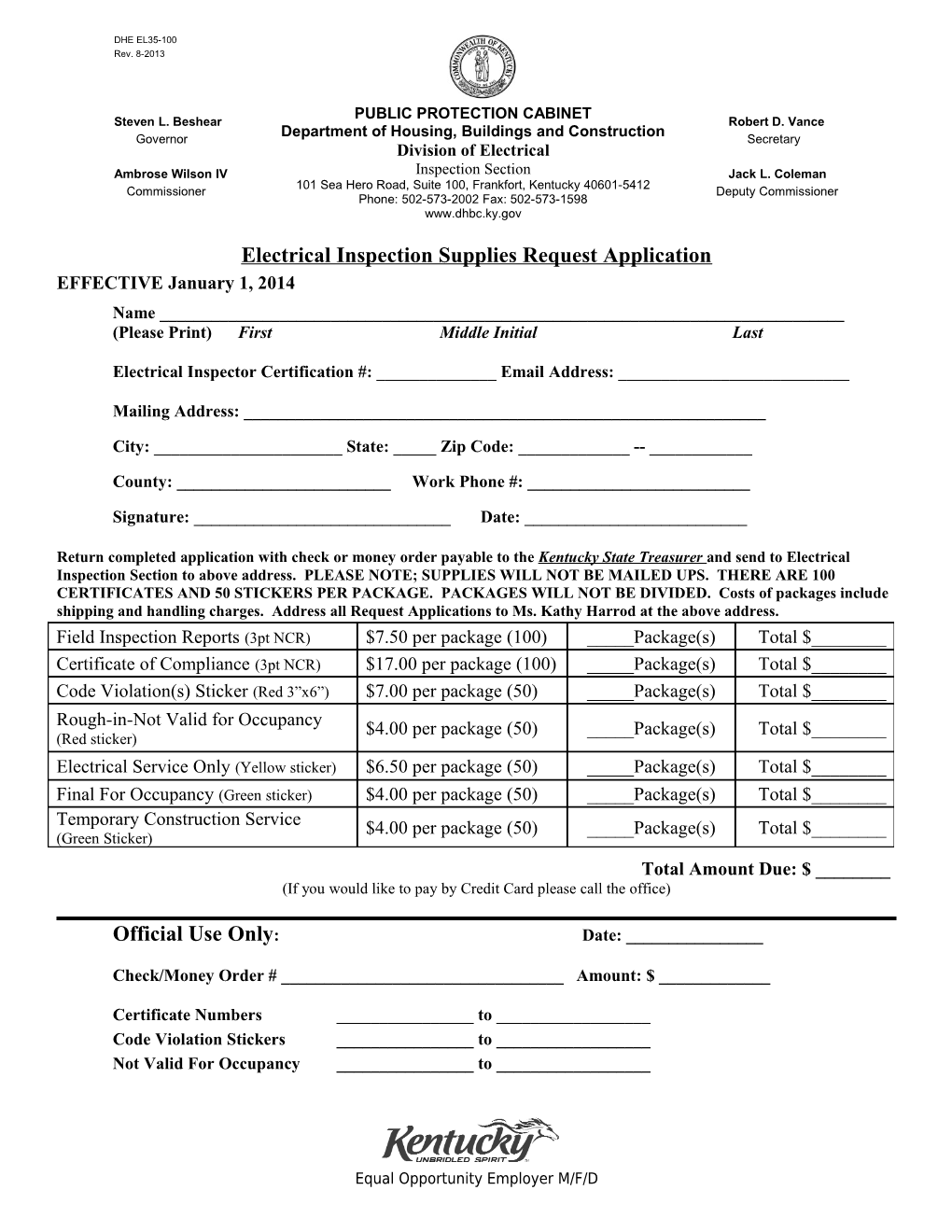 Order Form for Electrical Inspection Stickers