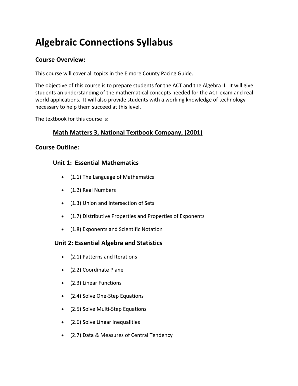 Algebraic Connections Syllabus