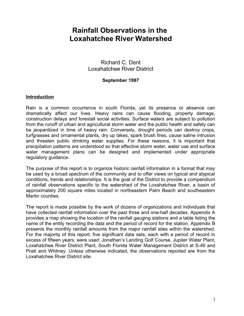 Rainfall Observations in the Loxahatchee River Watershed