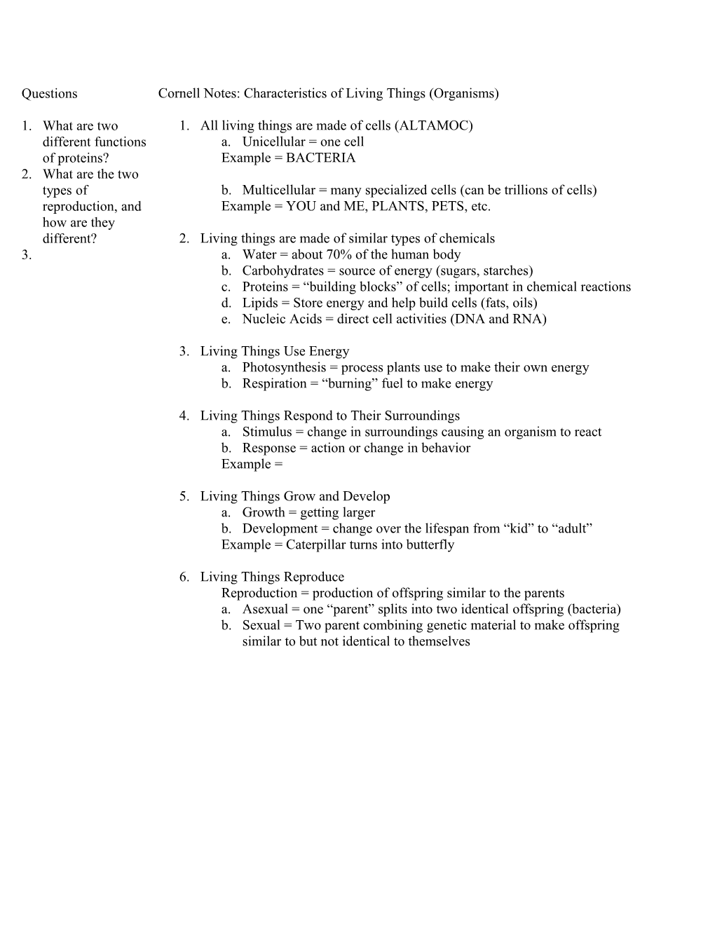 Cornell Notes: Characteristics of Living Things (Organisms)