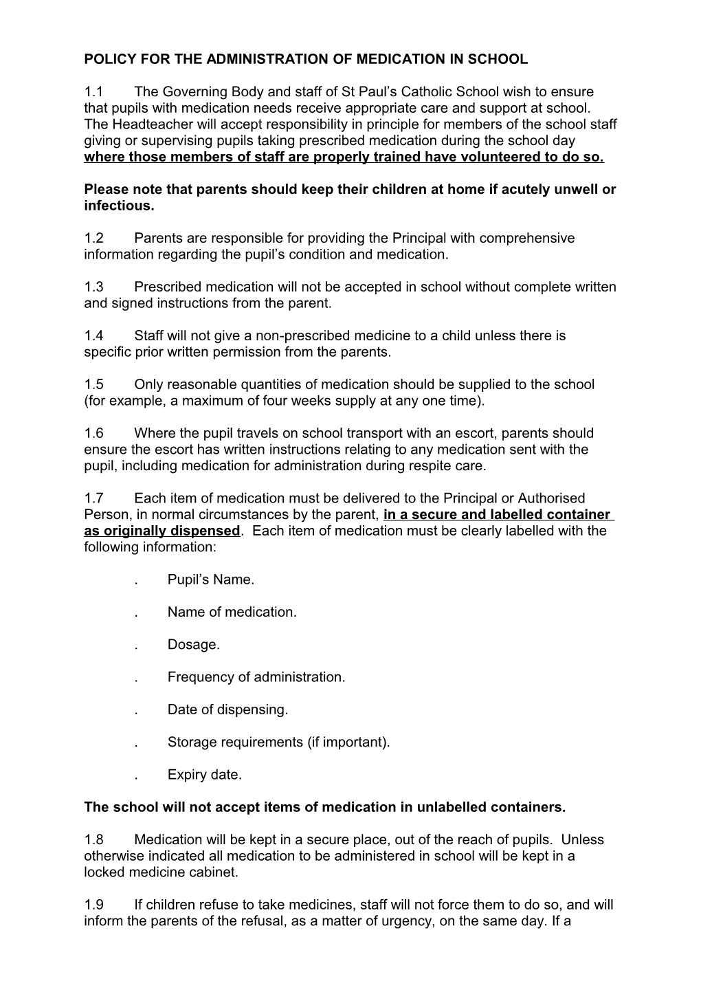 Section 5: Model Policy for the Administration of Medication in School