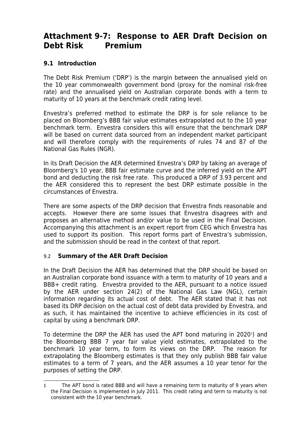 Attachment 9-7:Response to AER Draft Decision on Debt Risk Premium