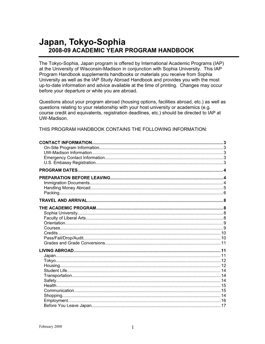 Japan, Tokyo-Sophia2008-09 Academic Year Program Handbook