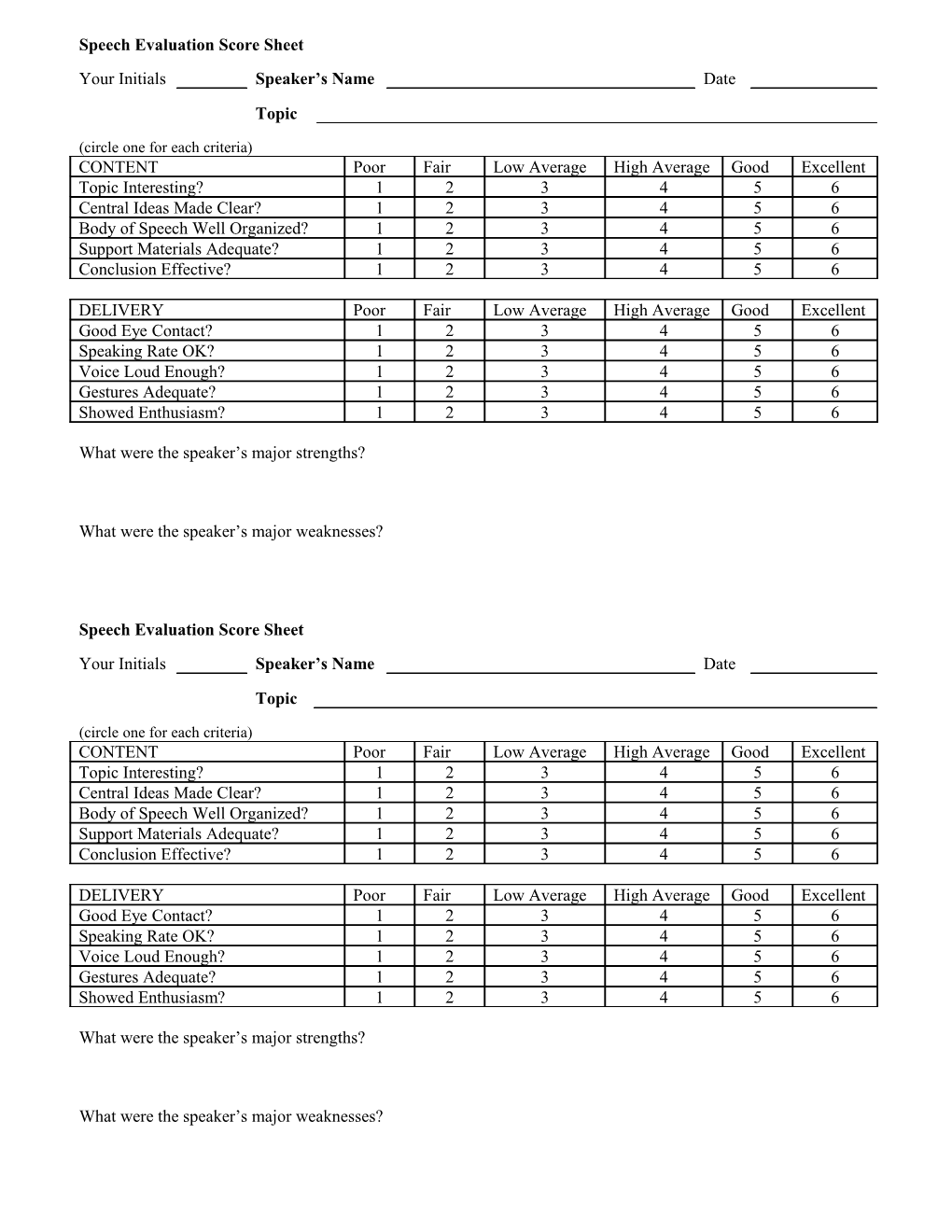 Speech Evaluation Score Sheet