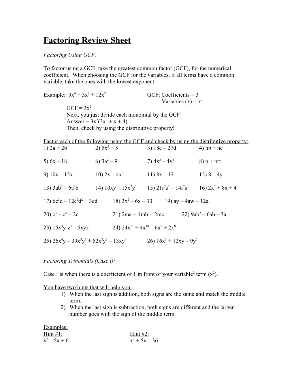 Factoring Review Sheet