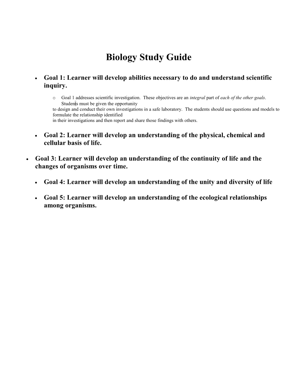 Biology Curriculum Pacing Guide and Study Guide