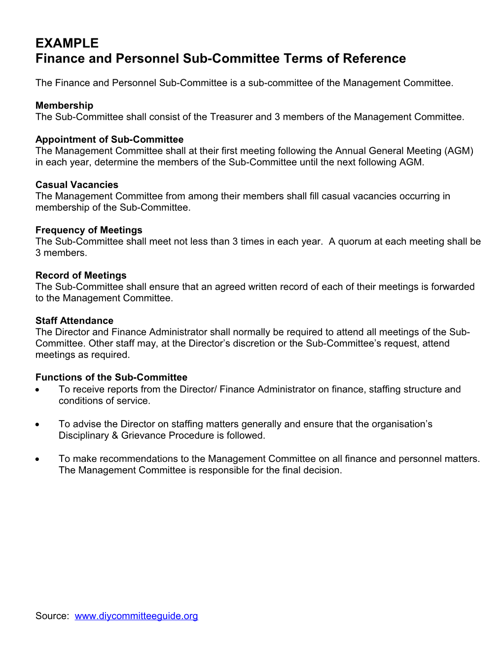 Finance and Personnel Sub-Committee Terms of Reference
