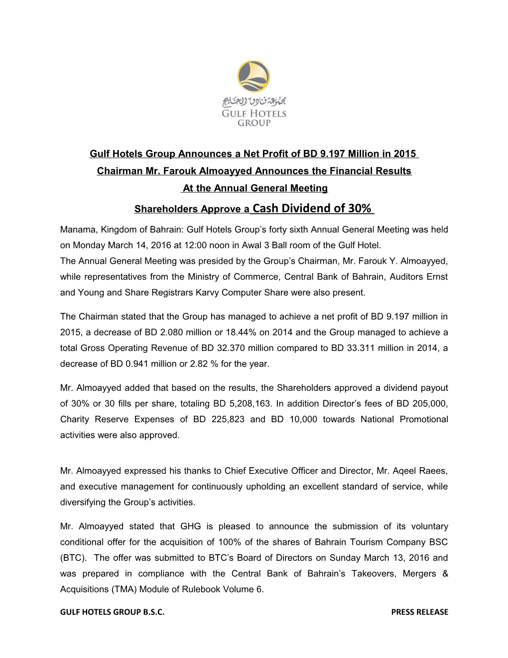 Chairman Mr. Farouk Almoayyed Announces the Financial Results