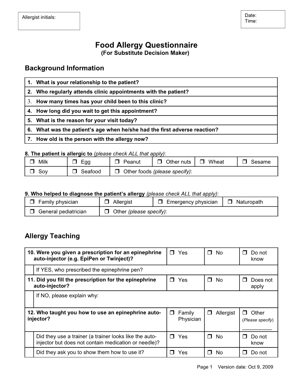 Food Allergy Questionnaire