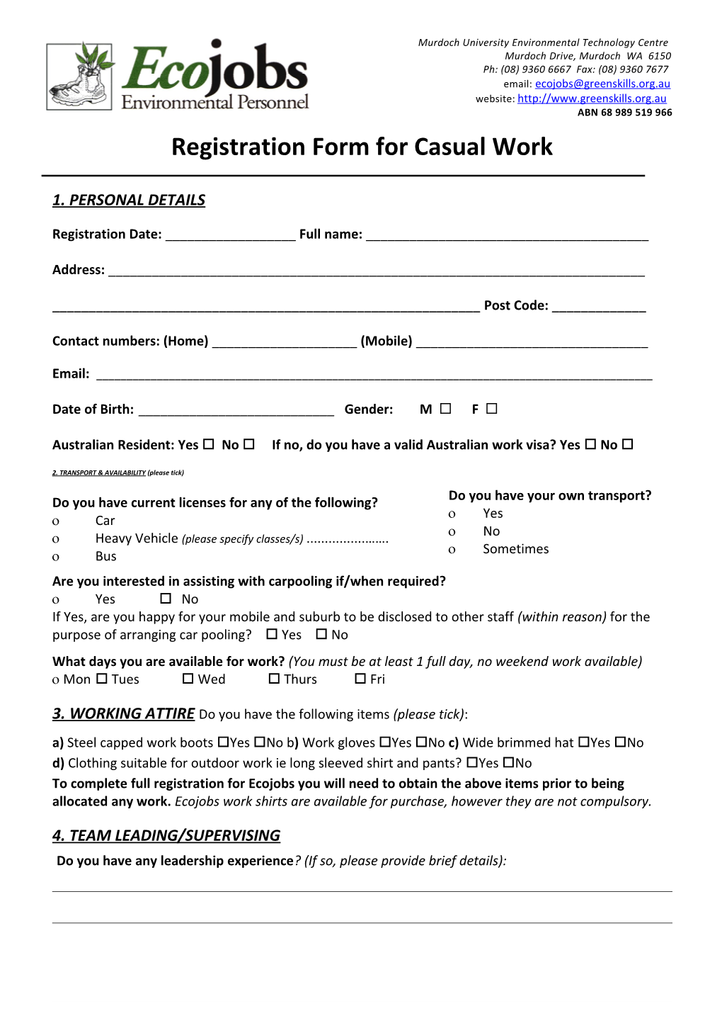 Registration Form for Casual Work