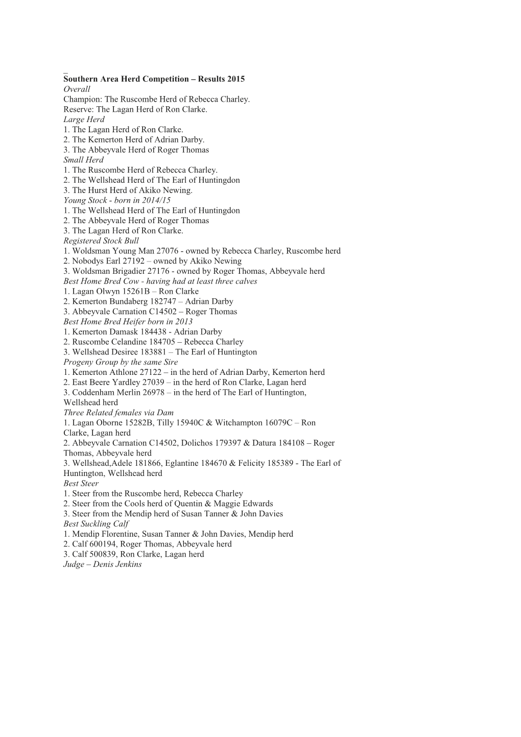 Southern Area Herd Competition Results 2015