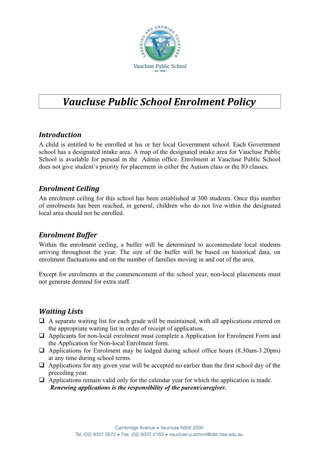 Vaucluse Public School Enrolment Policy
