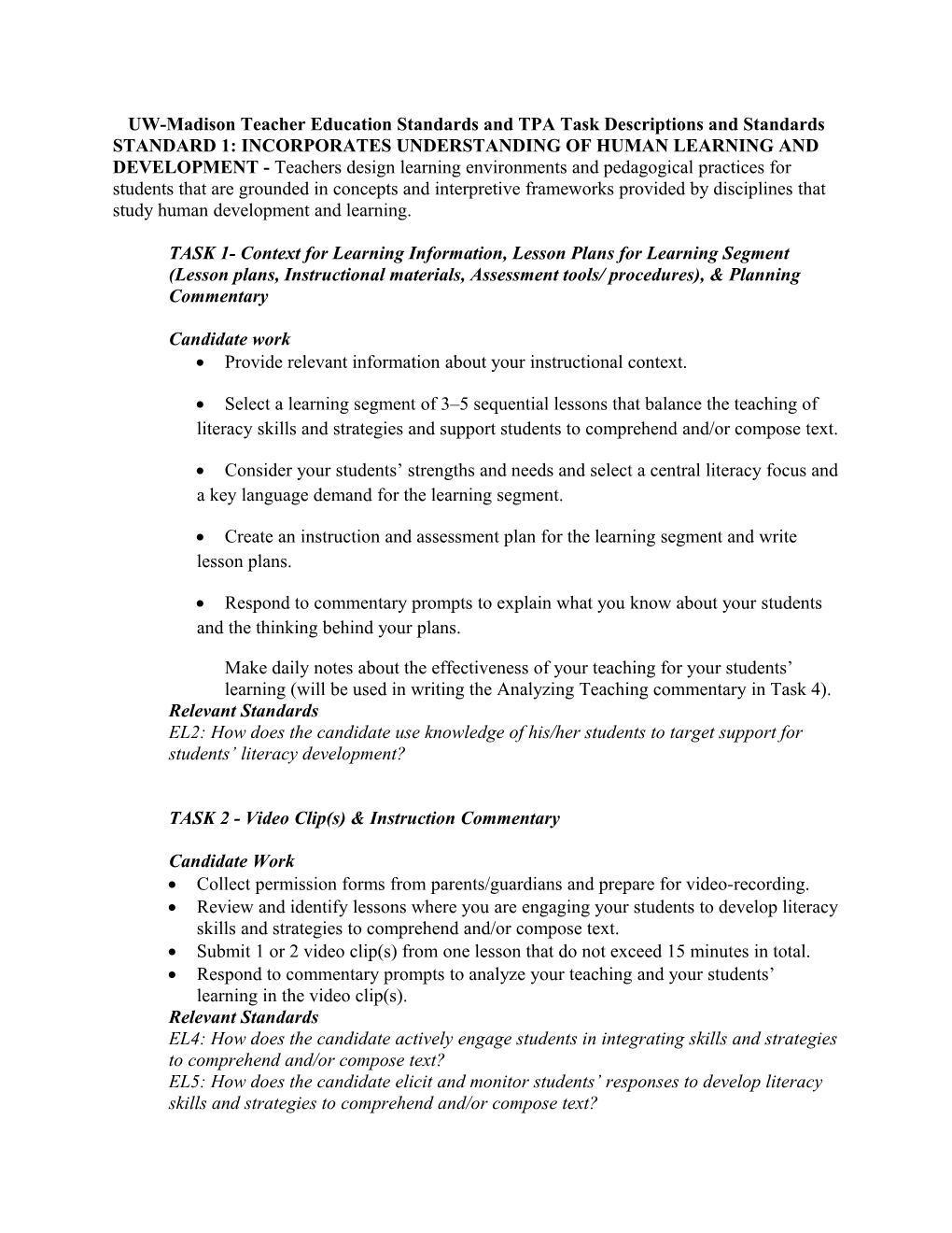 UW-Madison Teacher Education Standards and TPA Task Descriptions and Standards