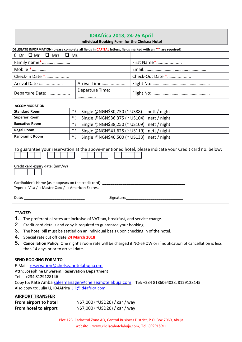 Individual Booking Form for the Chelsea Hotel