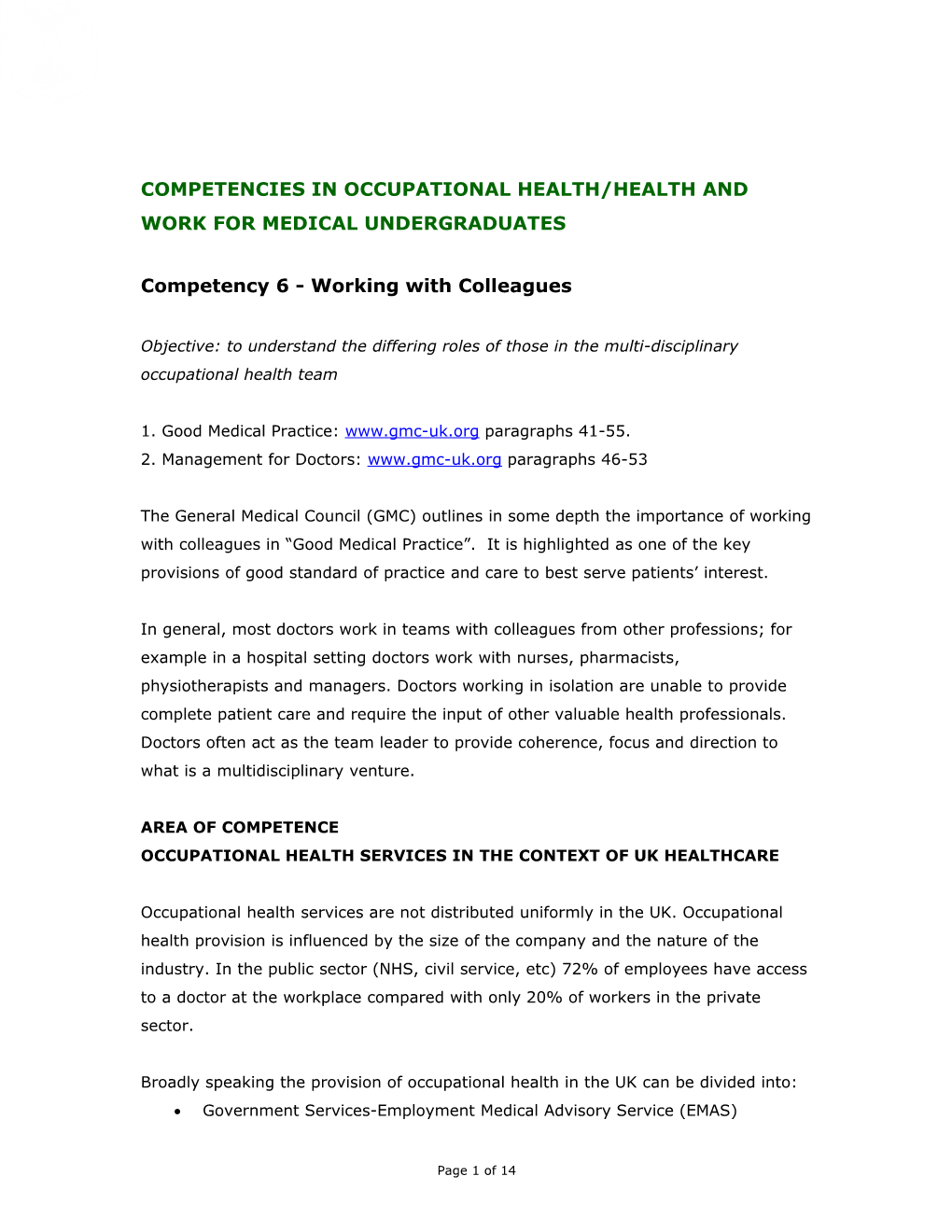 Competencies in Occupational Health/Health and Work for Medical Undergraduates