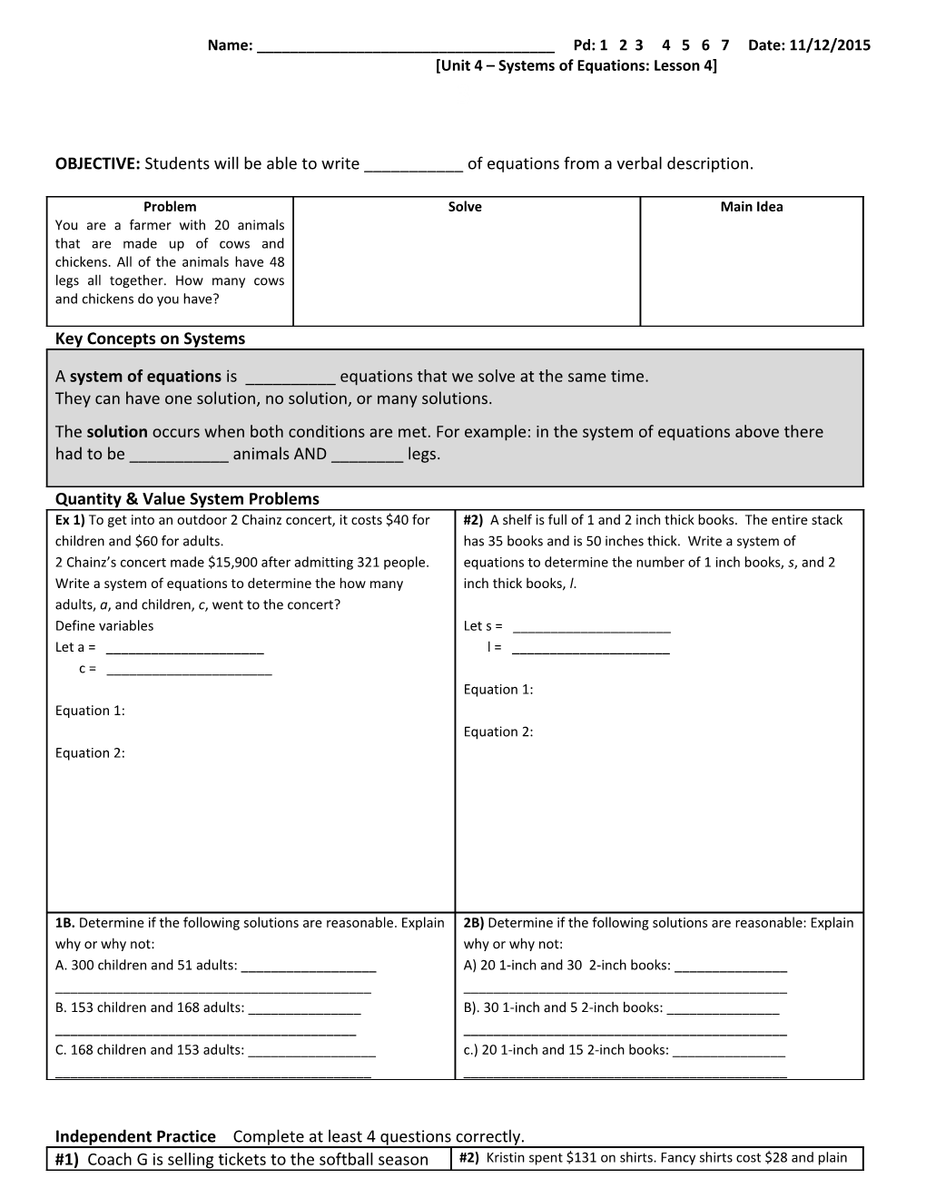 Quantity & Value System Problems