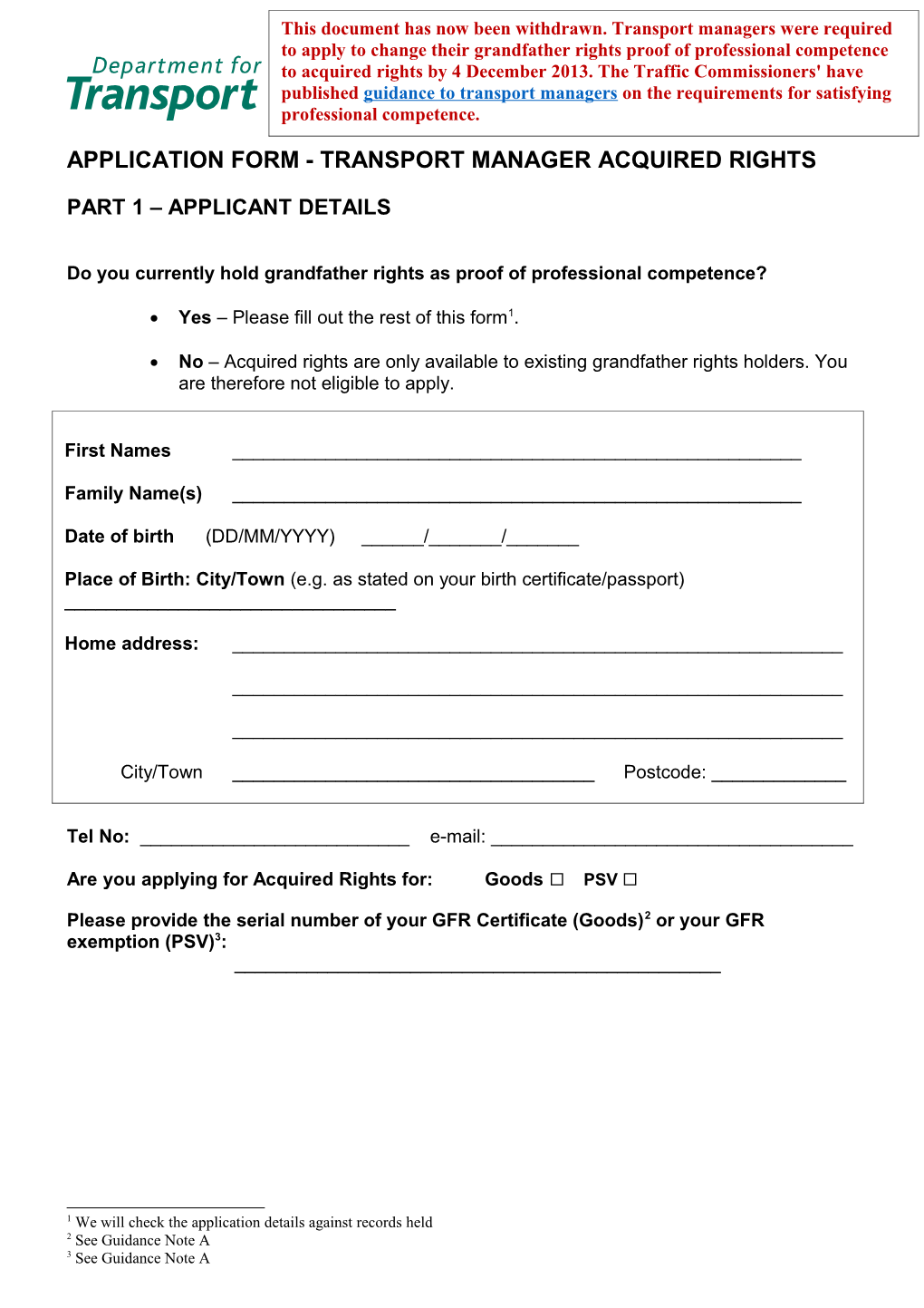 Transport Manager Acquired Rights Application Form