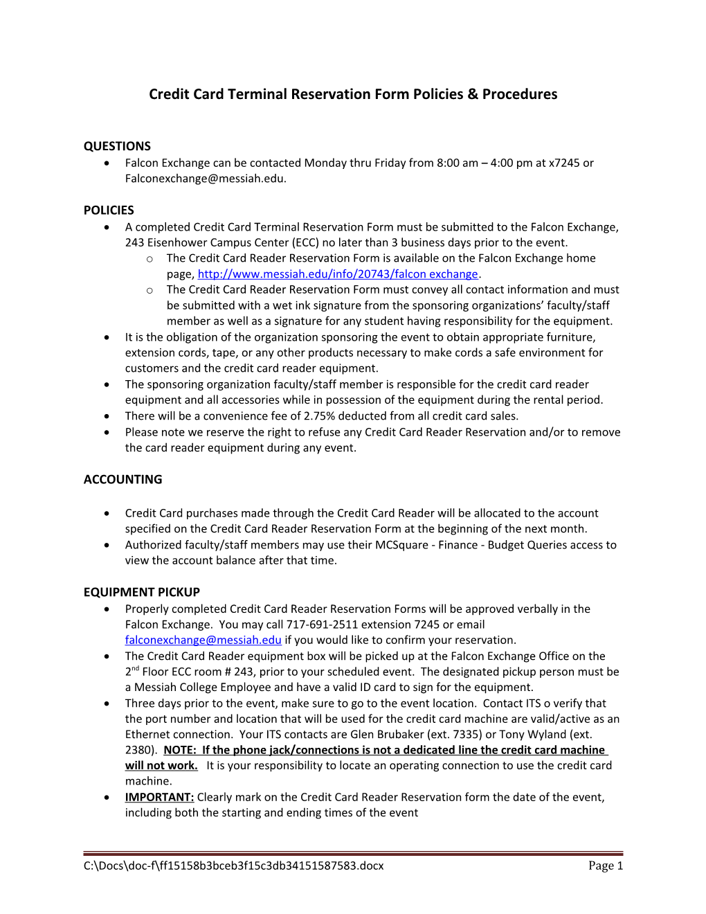 Credit Card Terminal Reservation Form Policies & Procedures