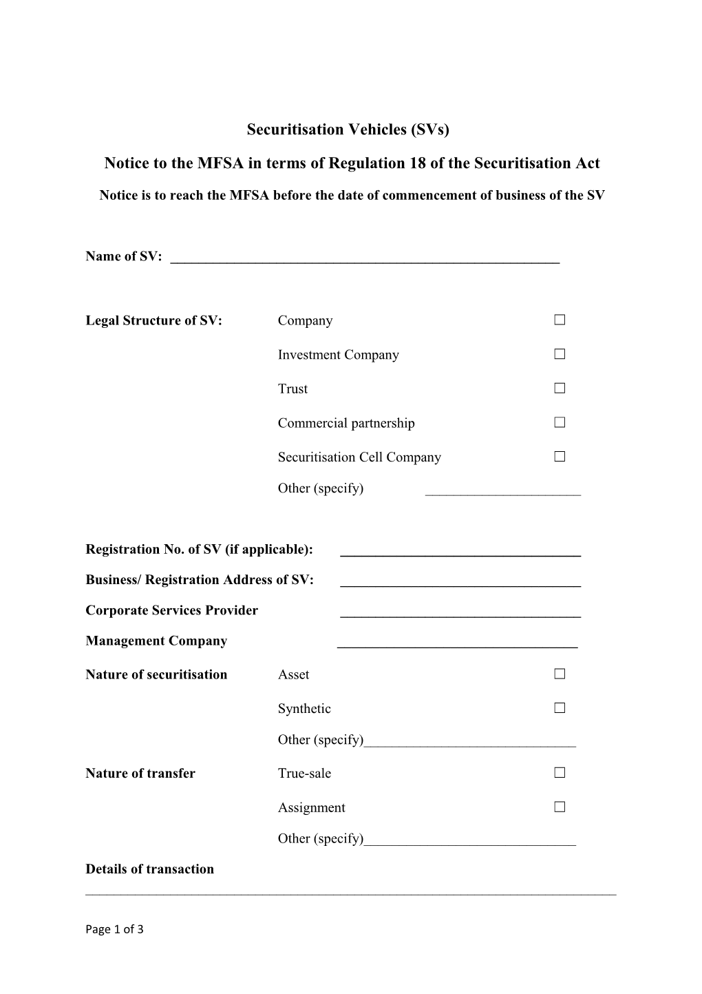 Notice to the MFSA in Terms of Regulation 18 of the Securitisation Act