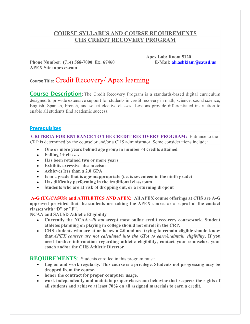 Chs Credit Recovery Program