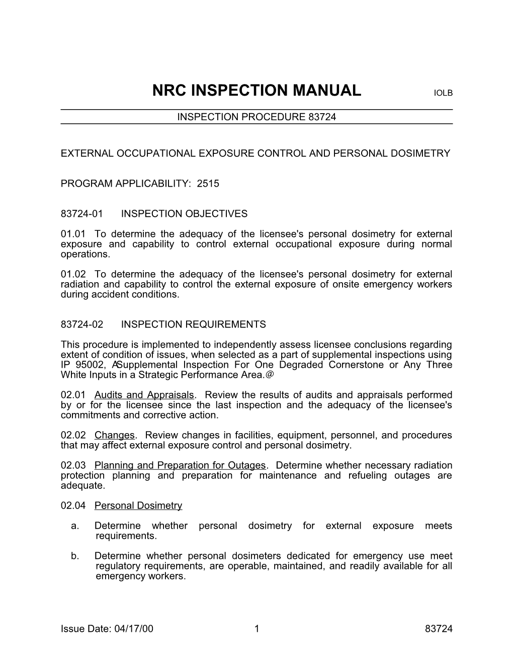 Nrc Inspection Manual Iolb