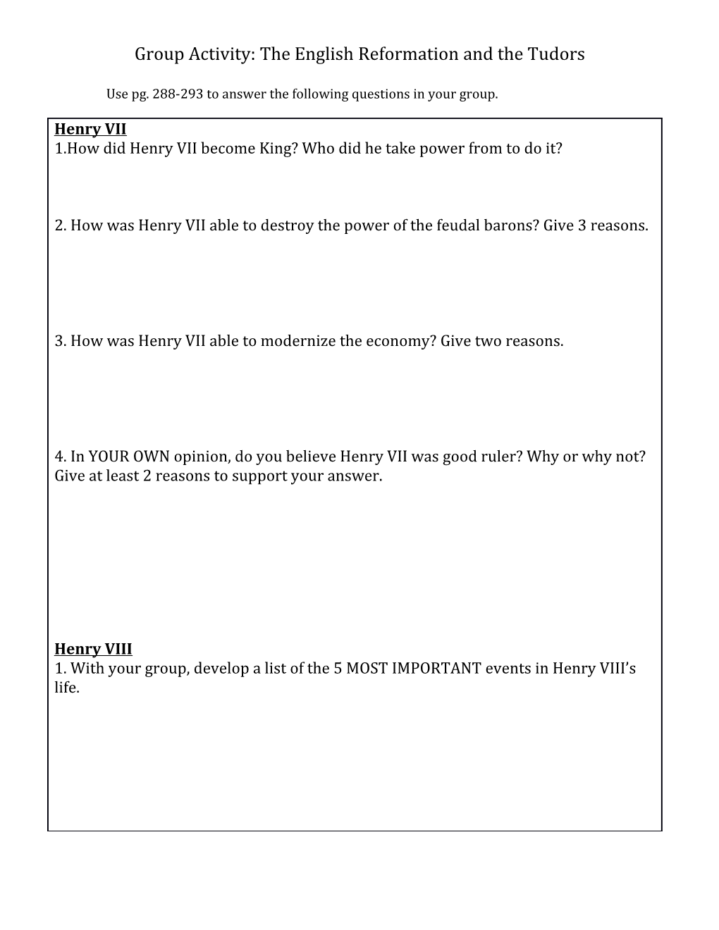 Group Activity: the English Reformation and the Tudors