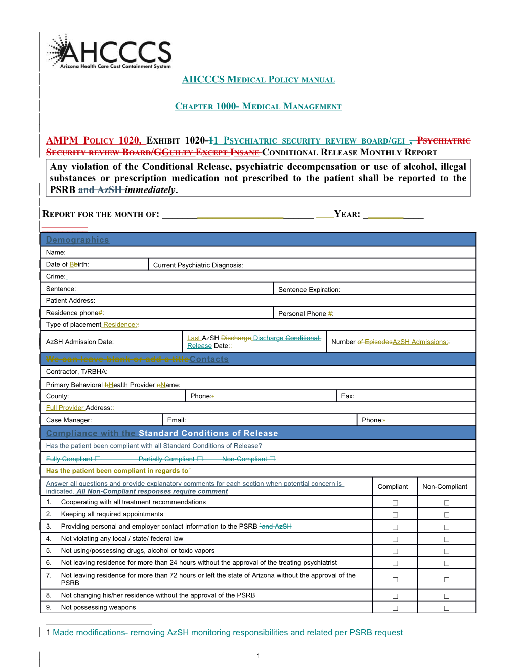 AMPM Policy 1020, Exhibit 1020-11 P Sychiatric Security Review Board/Gei , Psychiatric