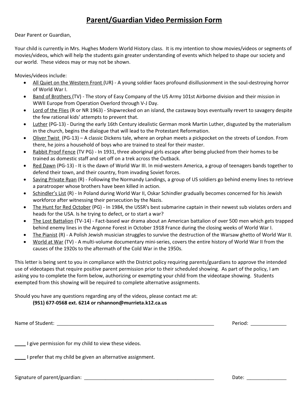 Parent/Guardian Video Permission Form