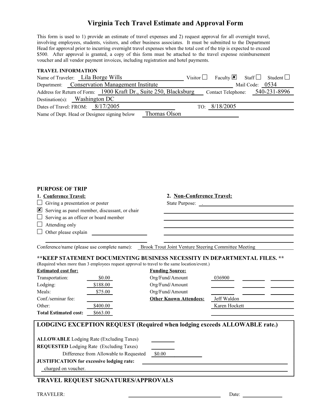 Virginia Tech Travel Estimate and Approval Form
