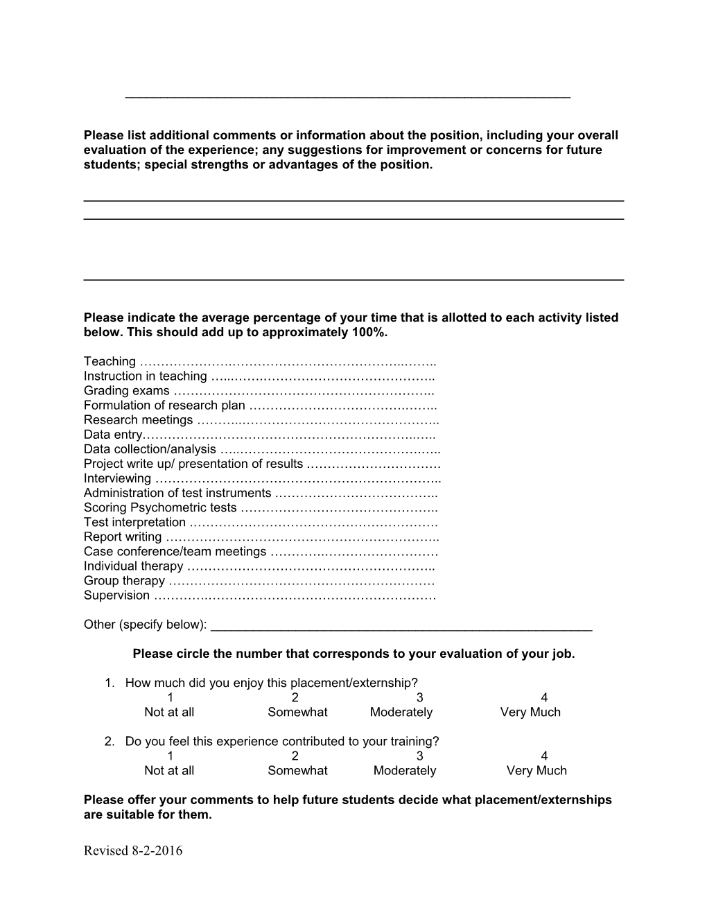 Student Job Placement Evaluation Form