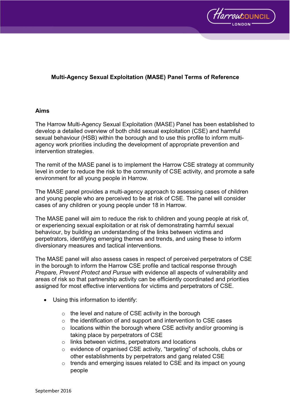 Multi-Agency Sexual Exploitation (MASE) Panel Terms of Reference