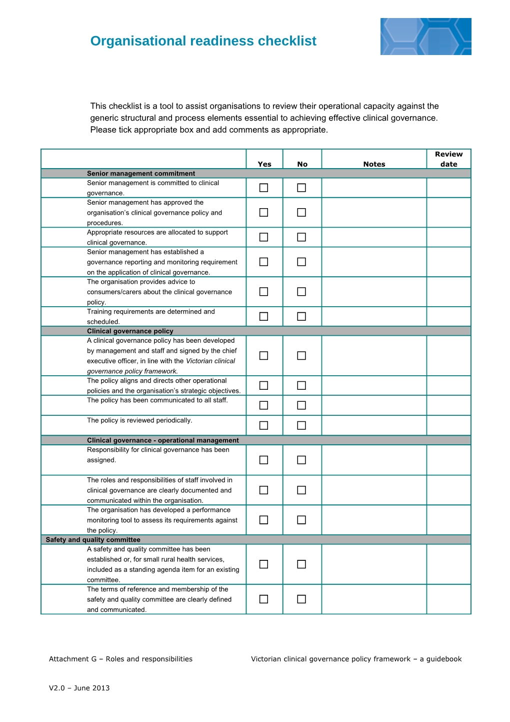 This Checklist Is a Tool to Assist Organisations to Review Their Operational Capacity Against