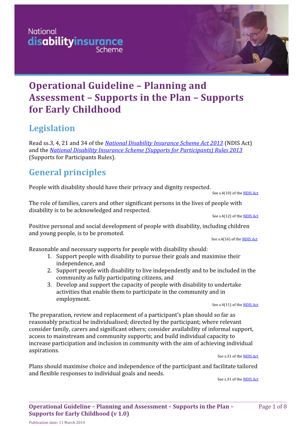 Operational Guideline Planning and Assessment Supports in the Plan Supports for Early Childhood